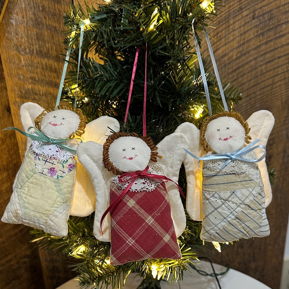 Handmade Set of 3 Cloth Angels Made From Old Quilts Christmas Ornaments